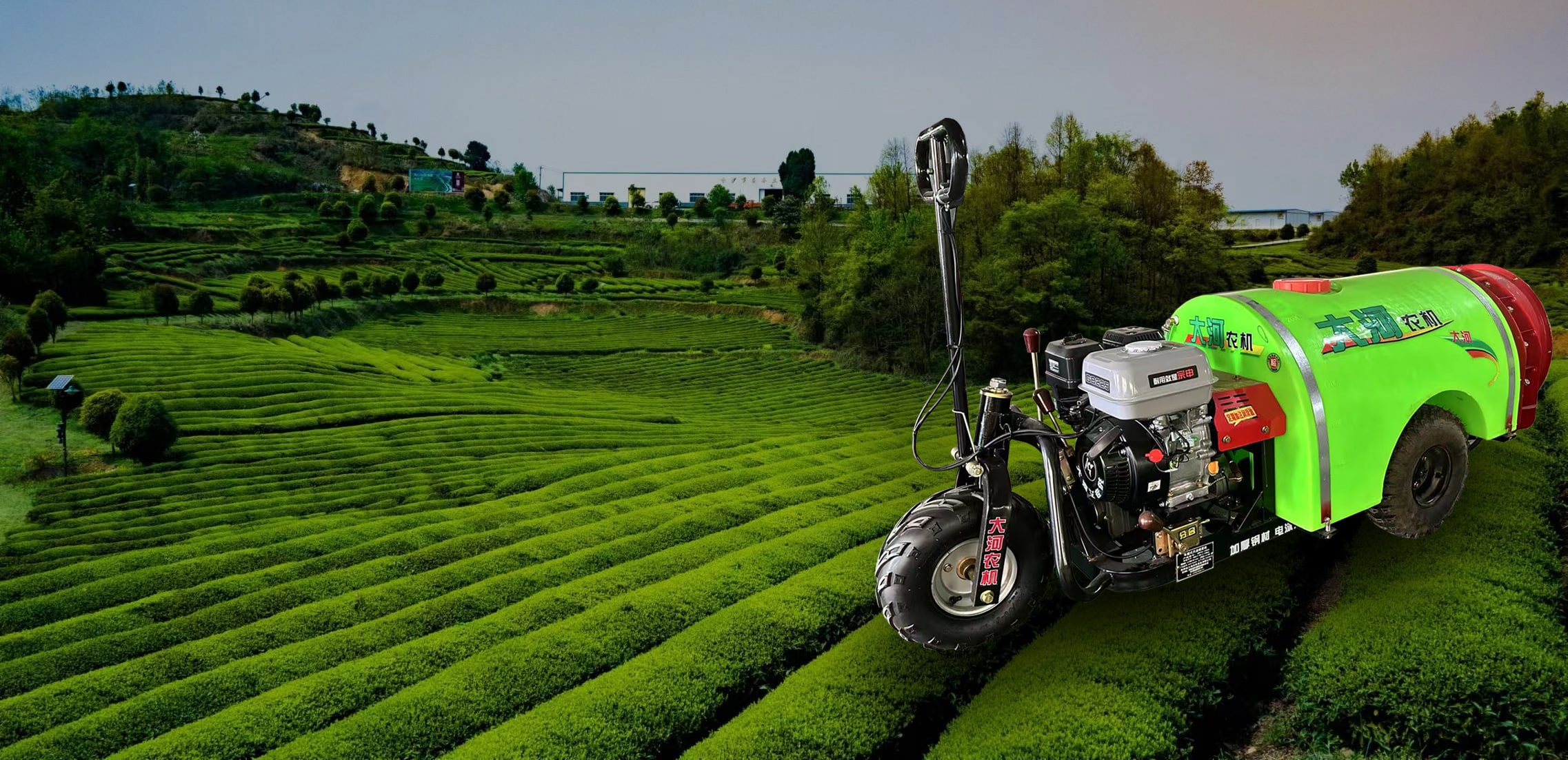 Self-propelled sprayer working in tea garden