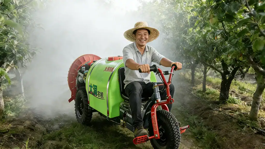 Farmer using 3JF AGRI self propelled sprayer in orchard